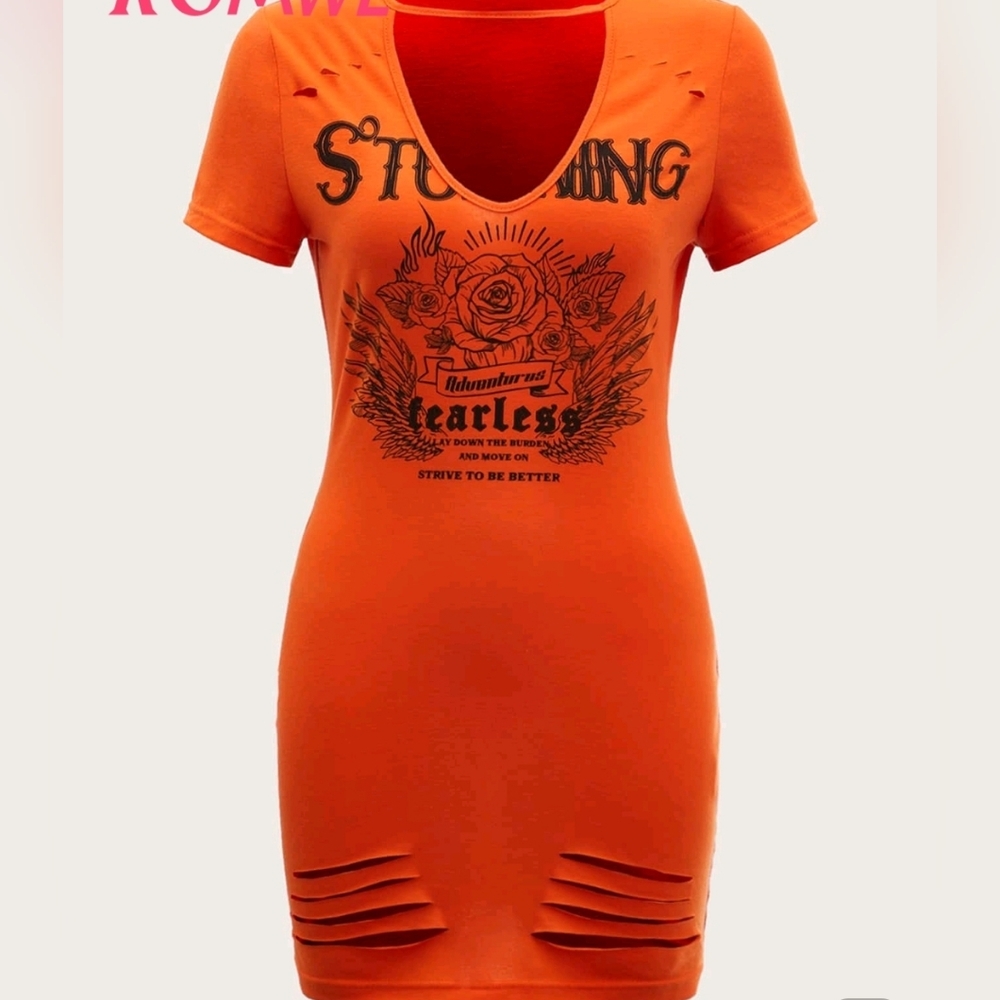 Stylish Orange Cut Out Shirt Dress L